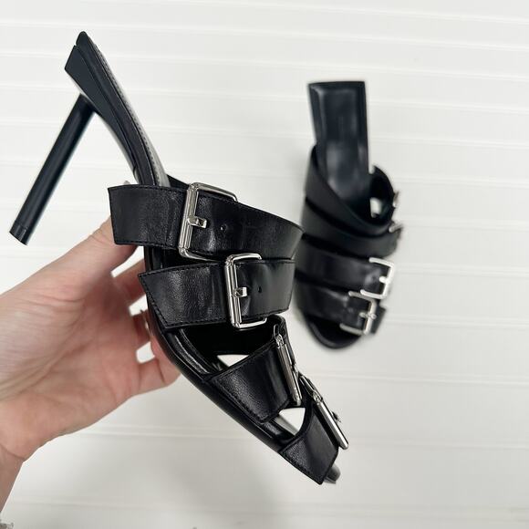 Balenciaga Black Leather Buckle Strappy Sandal Mule Stiletto Heel Slides 6 NEW - Picture 7 of 11
